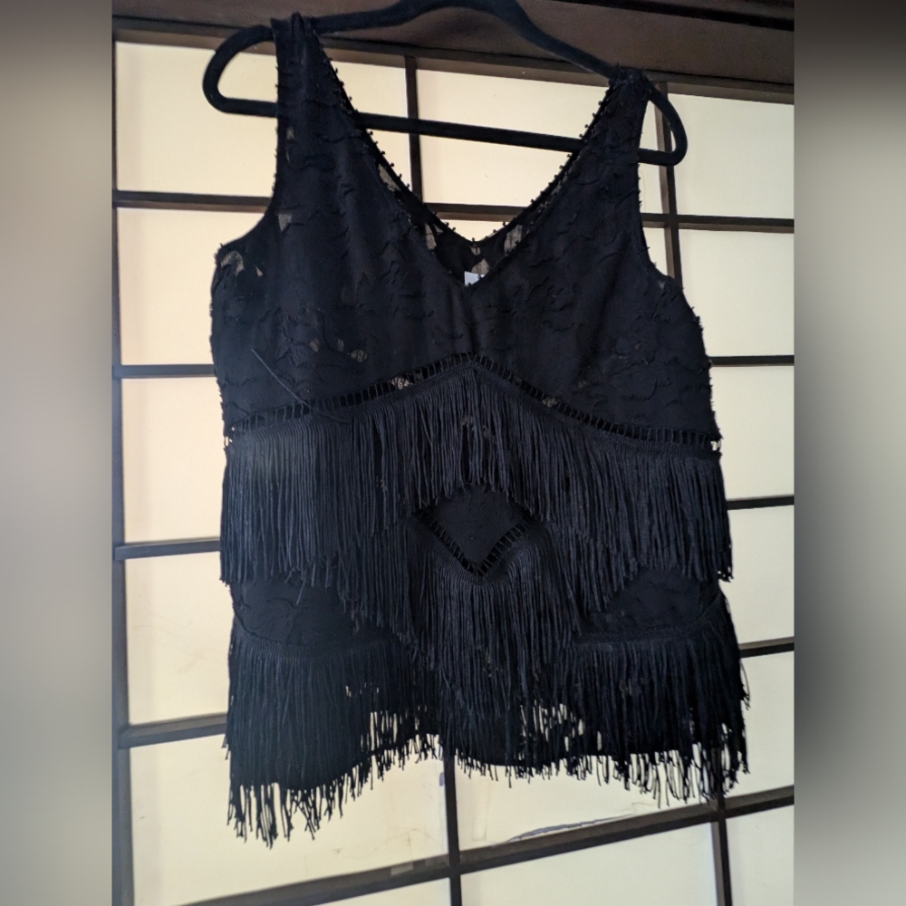Black beaded and fringe Anthropologie top- HD in Paris